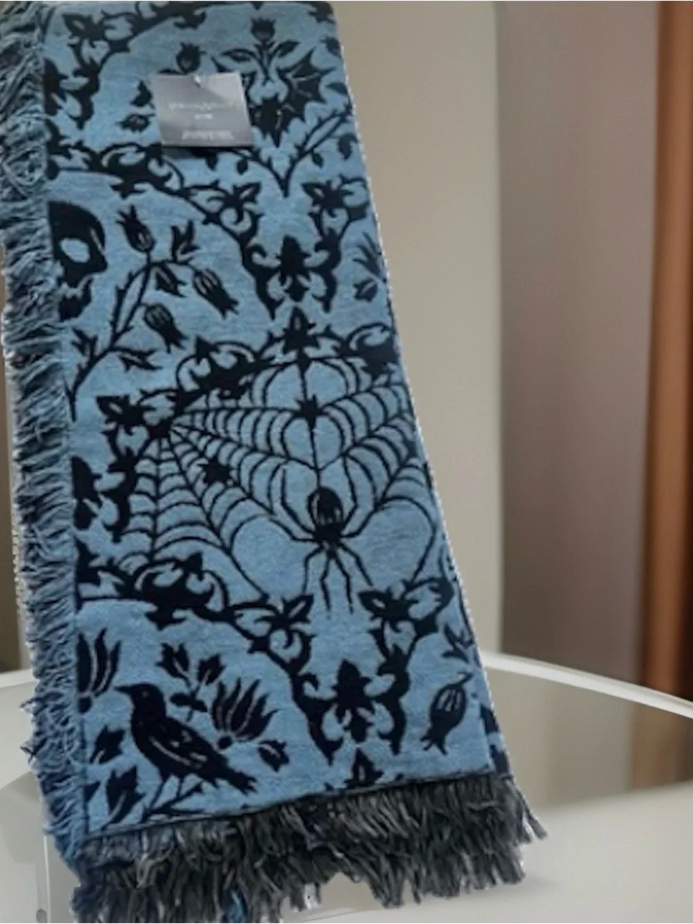 Cynthia Rowley Throw Blanket 50x70 Teal  Damask Spider Skull Raven Halloween